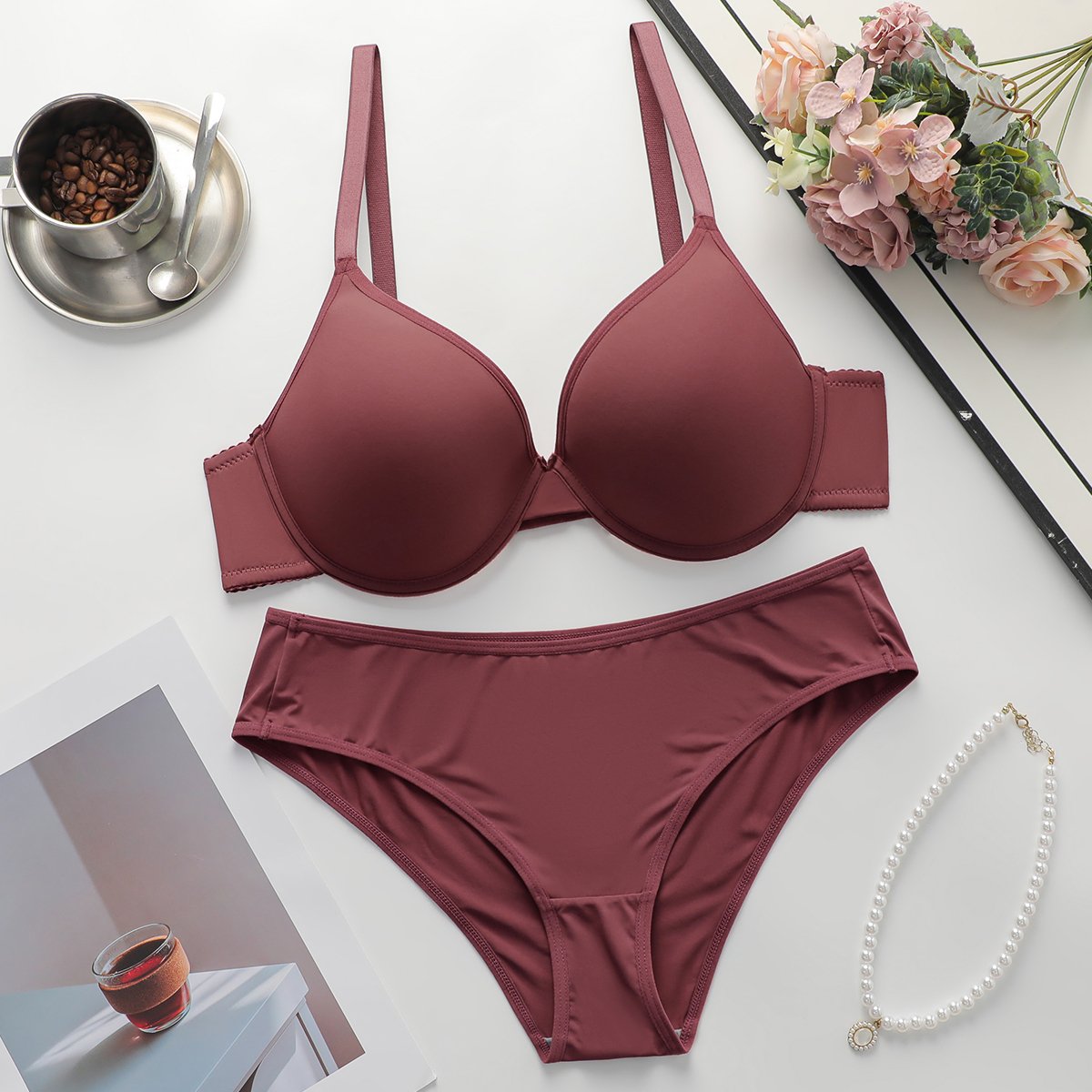 Burgundy bra and matching brief presented for wholesale collection development