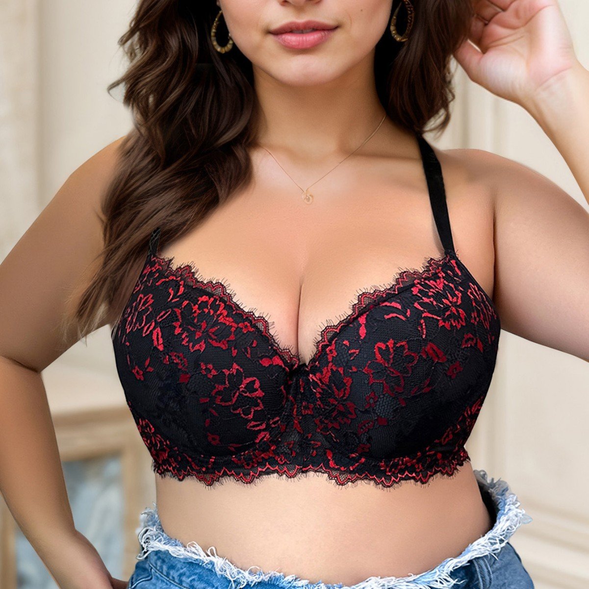 Wholesale Black and Red Floral Lace Bra CNW014