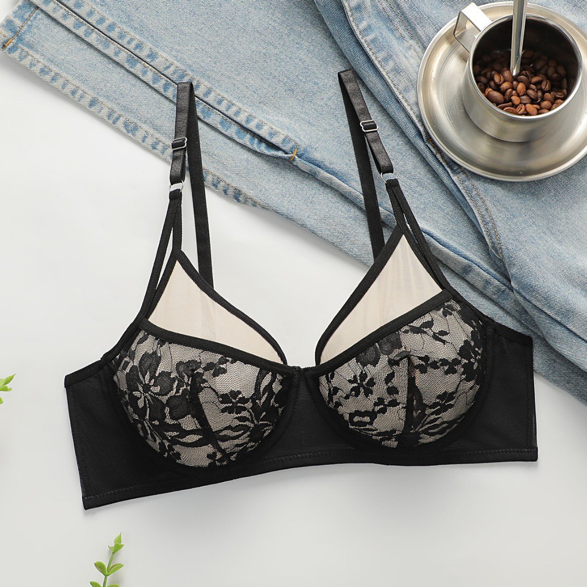 Wholesale Black Sheer Lace Full-Cup Bra CNW064