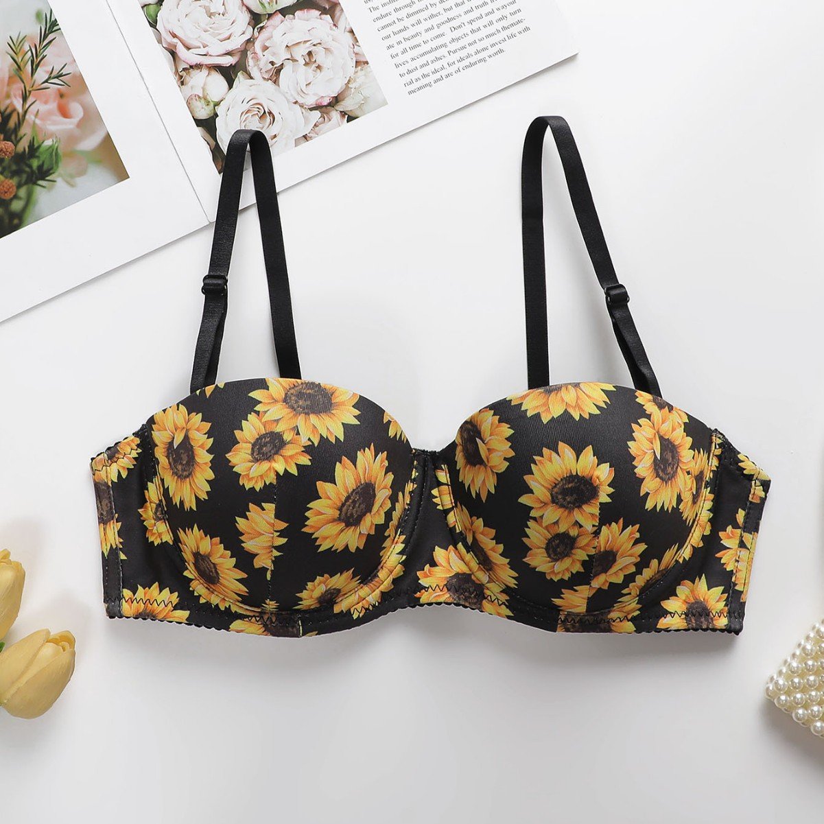 Wholesale Black Sunflower Print Strapless Bra CNW077