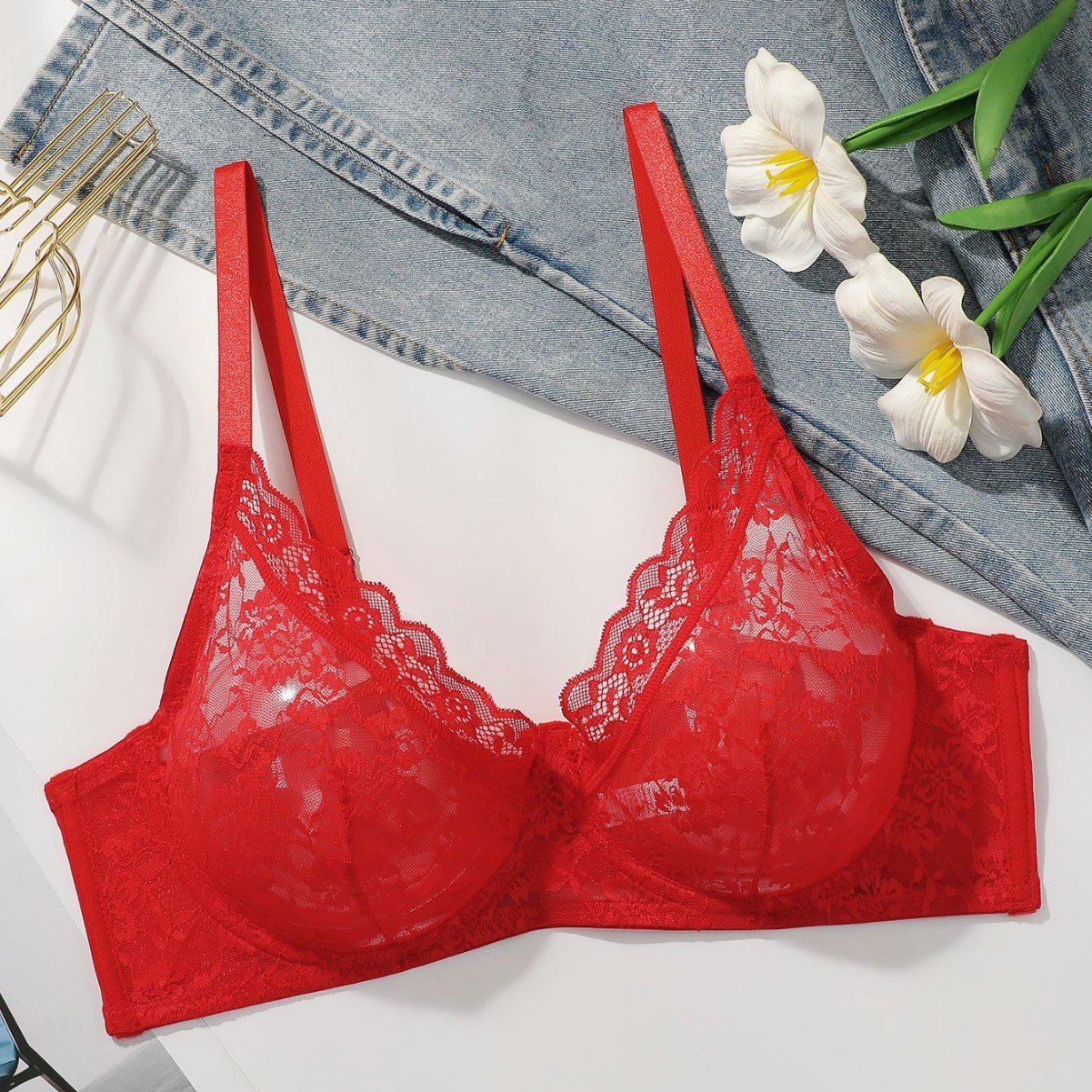 Wholesale Red Sheer Lace Full-Cup Bra CNW121