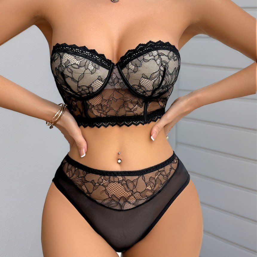 Wholesale Black Sheer Lace Longline Bra Set CNW122
