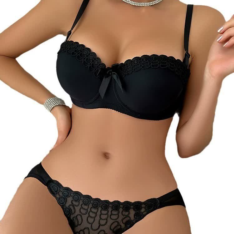 Wholesale Black Lace-Trim Underwire Bra Set J3828, style J3828-BLACK