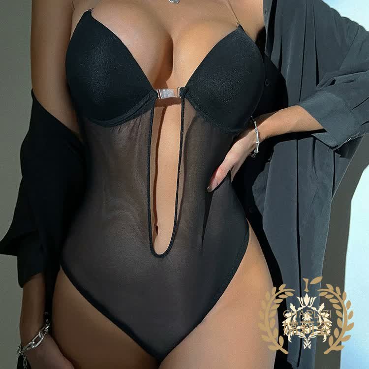 Wholesale Black Deep-Plunge Bodysuit J6128