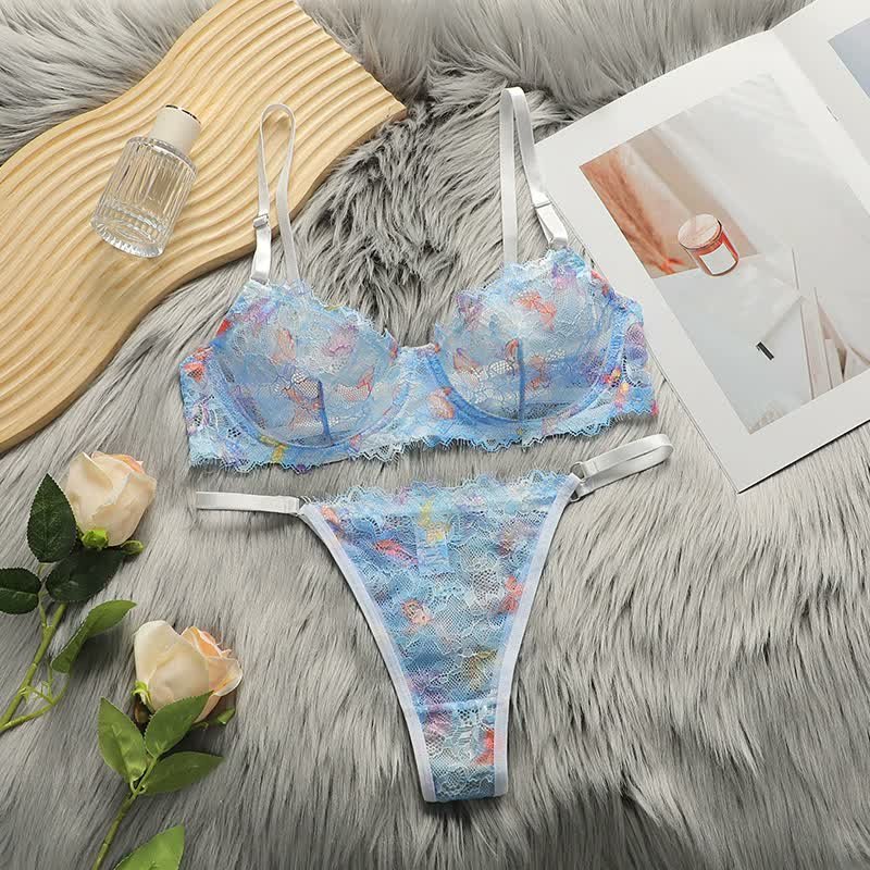 Wholesale Blue Floral Lace Bra Set YS025, style YS025-BLUE