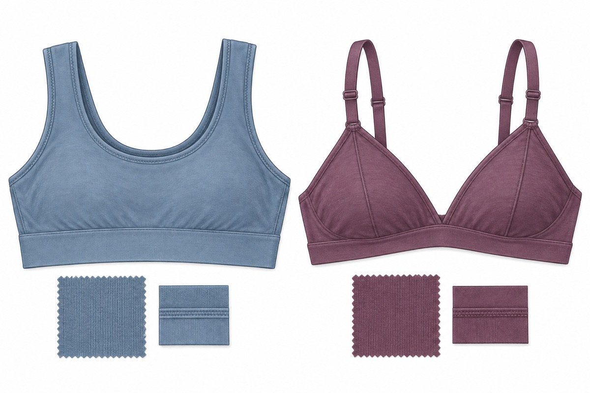 Wireless bras concept showing two soft-cup styles and fabric details