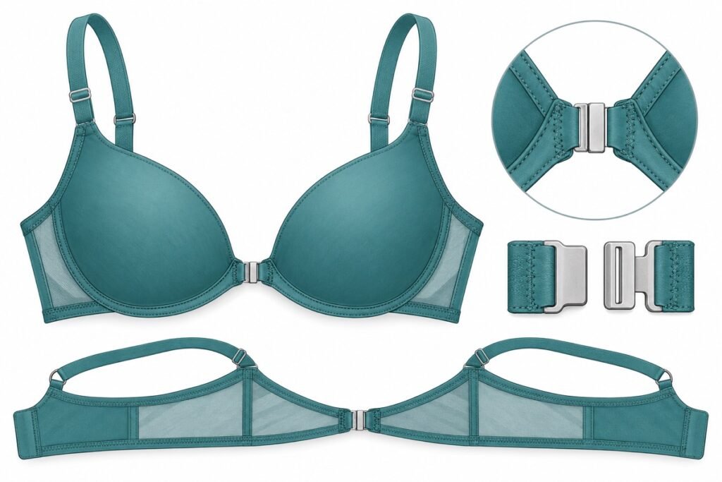 Concept illustration of front-closure bras showing a center clasp and band construction