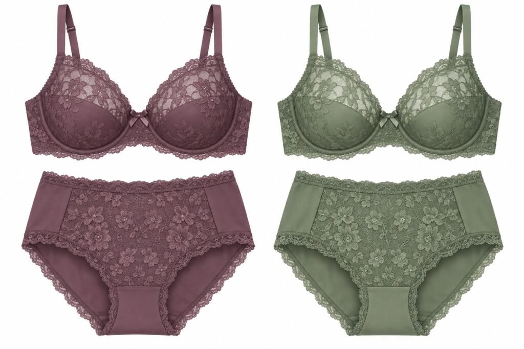 Concept illustration of matching bra and brief sets in two coordinated colors