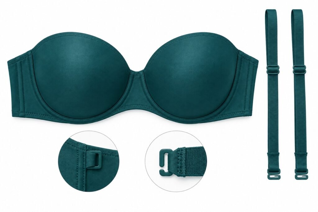 Concept illustration of strapless bras with detachable straps and attachment details