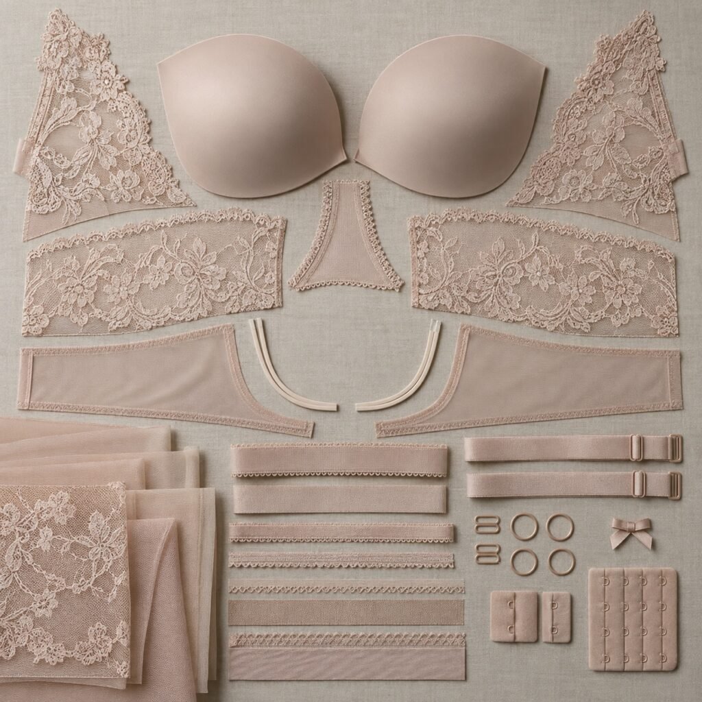 Unbranded bra components including lace, elastic, cups, wire, straps and hooks arranged as a material board