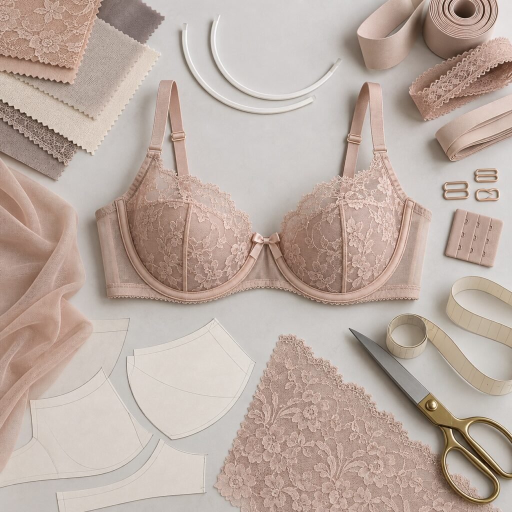 Unbranded bra development sample with lace, elastic, underwire and pattern components