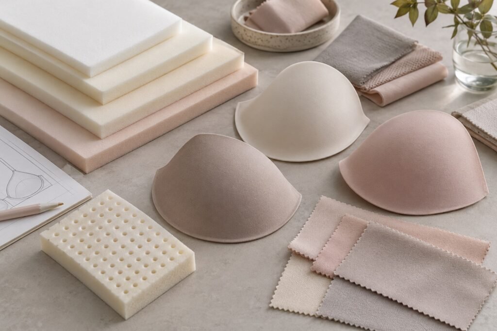Unbranded bra cup foam sheets and molded cup samples in neutral colors beside plain material swatches